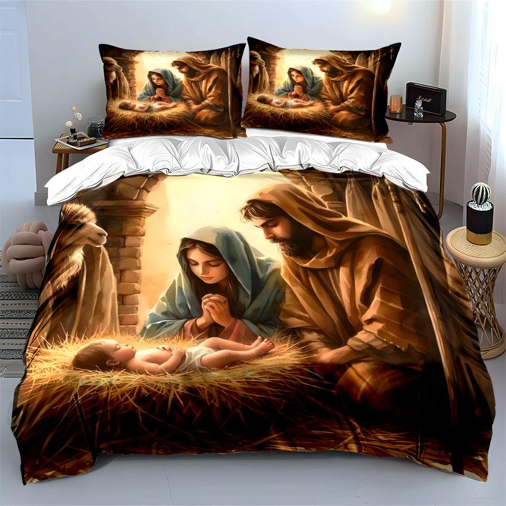 Nativity-Themed Holy Family Set  Kid'S And Adults' Bedroom Decor, Exquisite Three-Piece Bedding Set Gift