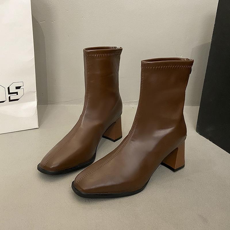 French short boots and ankle boots women's autumn and winter velvet square elastic thin boots thick heel high heel Martin boots