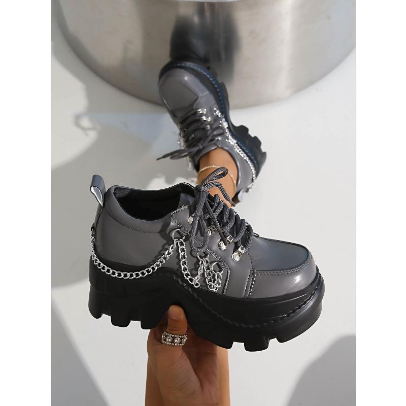 Gothic Punk Klobige Sneaker Damen Schwarzes Ketten-Dekor Plateau Sportschuhe Dicke Sohle Rutschfest Punk Sneaker