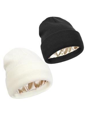 2Pcs Unisex Satin Lined Beanies Hat for Women&Men Winter 2Layer Ear Protect Warm Hiking Cycling Ski Cap Slouchy Cuffed Balaclava