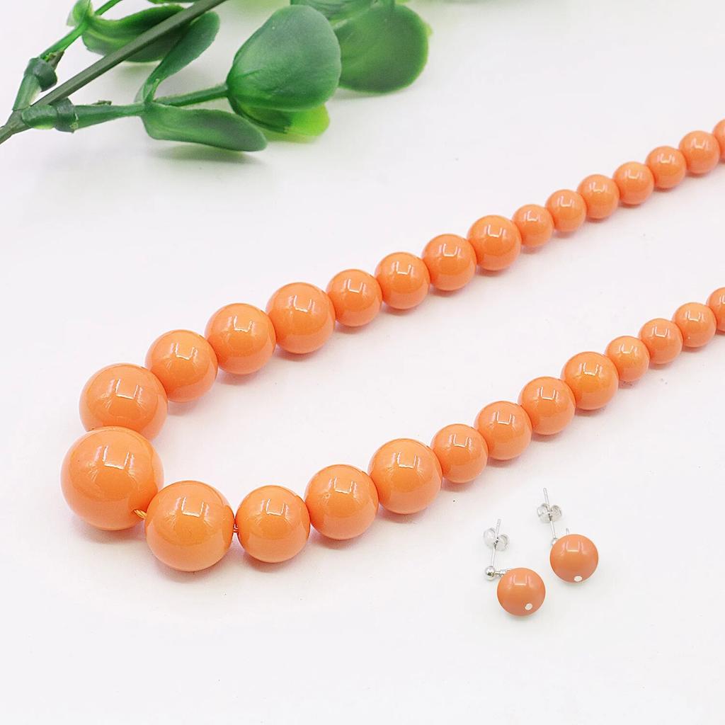 Conjunto de colar/brincos em forma de torre de contas de pérolas redondas laranja de 6-14 mm, design para fazer joias, corrente de pescoço, corrente de extensão de 5 cm, presentes de festa para mulheres