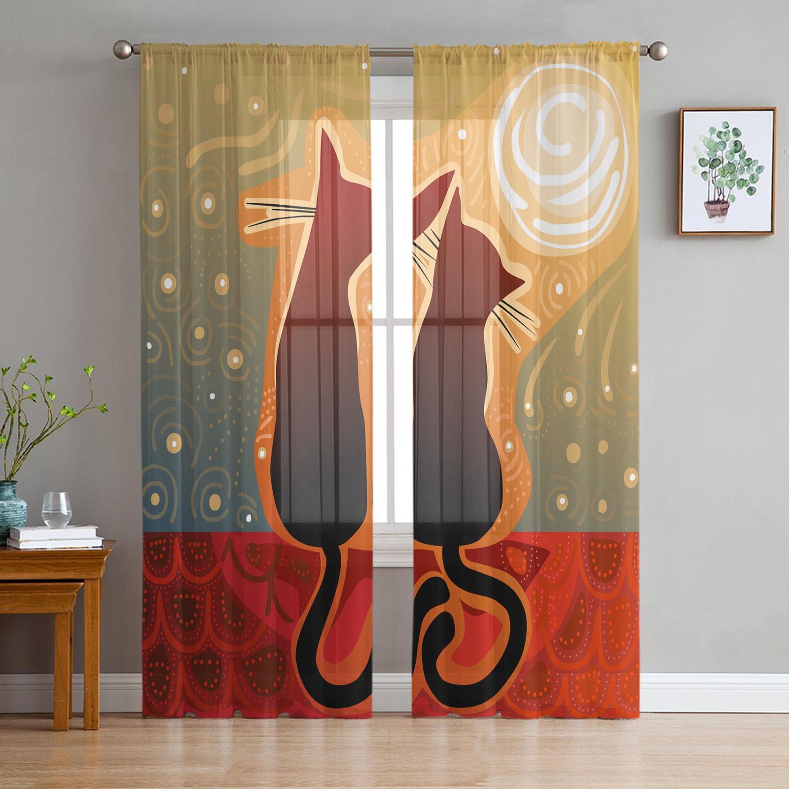 Cartoon-Tierkatze Transparente Voile-Vorhänge für Wohnzimmer Schlafzimmer Raum Gedruckter Tüll Fensterbehang Luxuriöses Zuhause Balkon Raum Dekoration Vorhänge 1 PCS W100XH250cm&Grommet Top beige