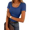 Women's Square Neck Short Sleeve Lace Patchwork Ribbed Knit Top Regular Fit Casual Tee