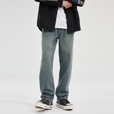 Retro Blue Jeans Men's American Washed High Street Loose Straight Pants Men's Spring and Summer Trendy Denim Trousers