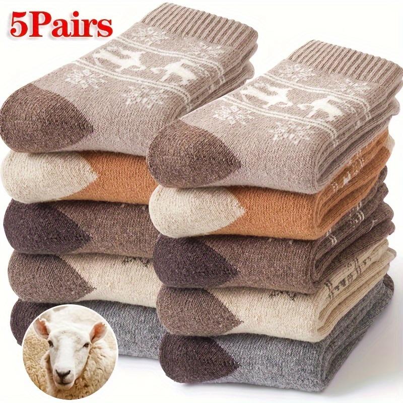 5 Pairs Women Thermal Wool Winter Socks - Christmas Reindeer & Snowflake Design, Thick Warm Mid-Calf Elegant Casual Socks, Comfortable Sock Material