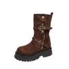 Mid-calf Square Heel Modern Boots Winter Slip-on 2024 High Quality Ladies Shoes Round Toe High Heel Buckle Punk Women's Boots