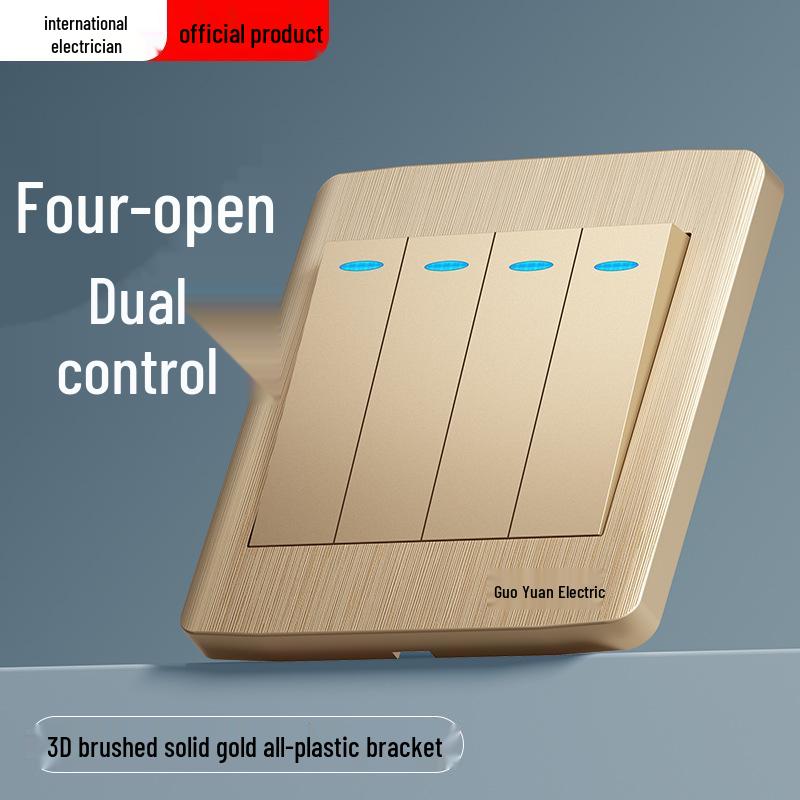 Gold 86 Typ Elektrische Nachttischlampe Wandschalterpanel mit Einzel-/Doppelsteuerung und Fünflochsteckdose