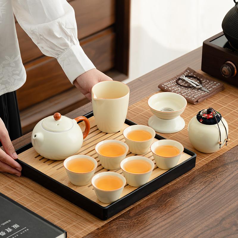 Premium retro home simple Ru kiln rectangular tea tray set