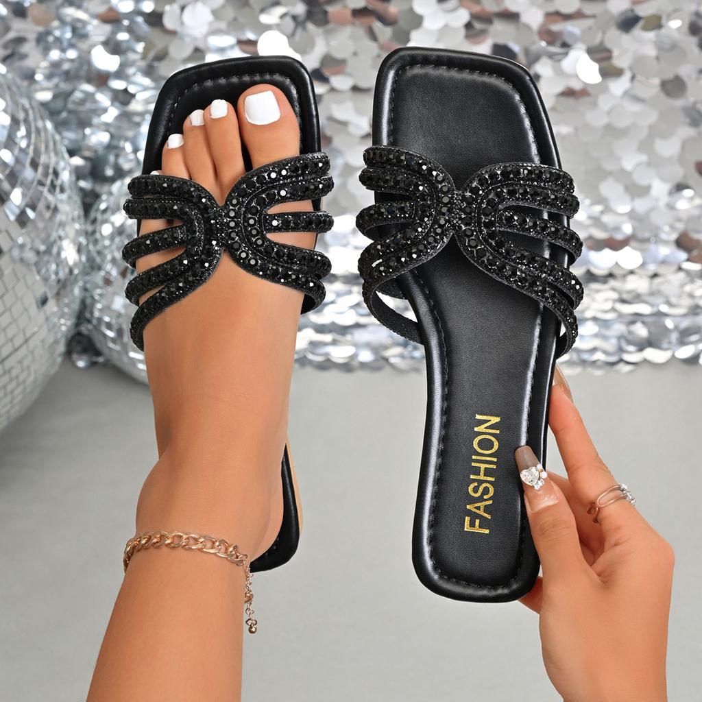 Fashion 2025 Women Rhinestone Slippers Luxury Flat Square Heel Sandals Fashion Non-Slip Beach Shoes Summer Outdoor Slippers Slides Women