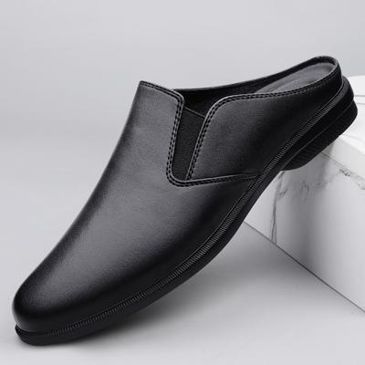 Zapatillas de Hombre de Moda de Cuero Genuino Zapatillas Simples de Moda Mules Clásicos Zapatos Suaves Antideslizantes para Hombre Medio Arrastre Cómodas Slip on Planas para Estar por Casa