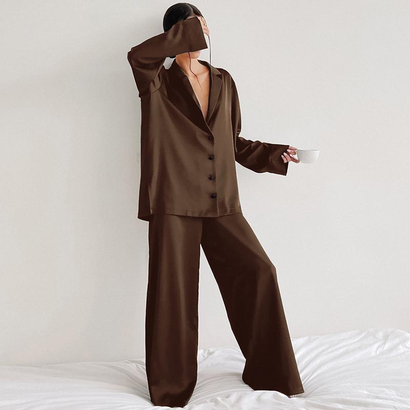 Hirsionsan свободные рубашки с длинными рукавами и шелковистые брюки заниженные комплекты — фото 5