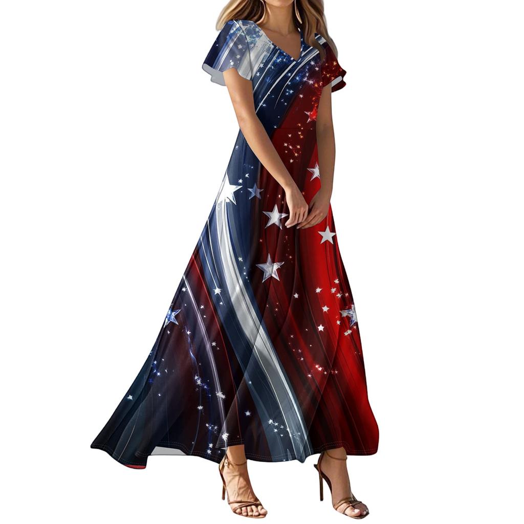 Women's Casual Fashion Print Long Dresses V-Neck Short Sleeve Dresses