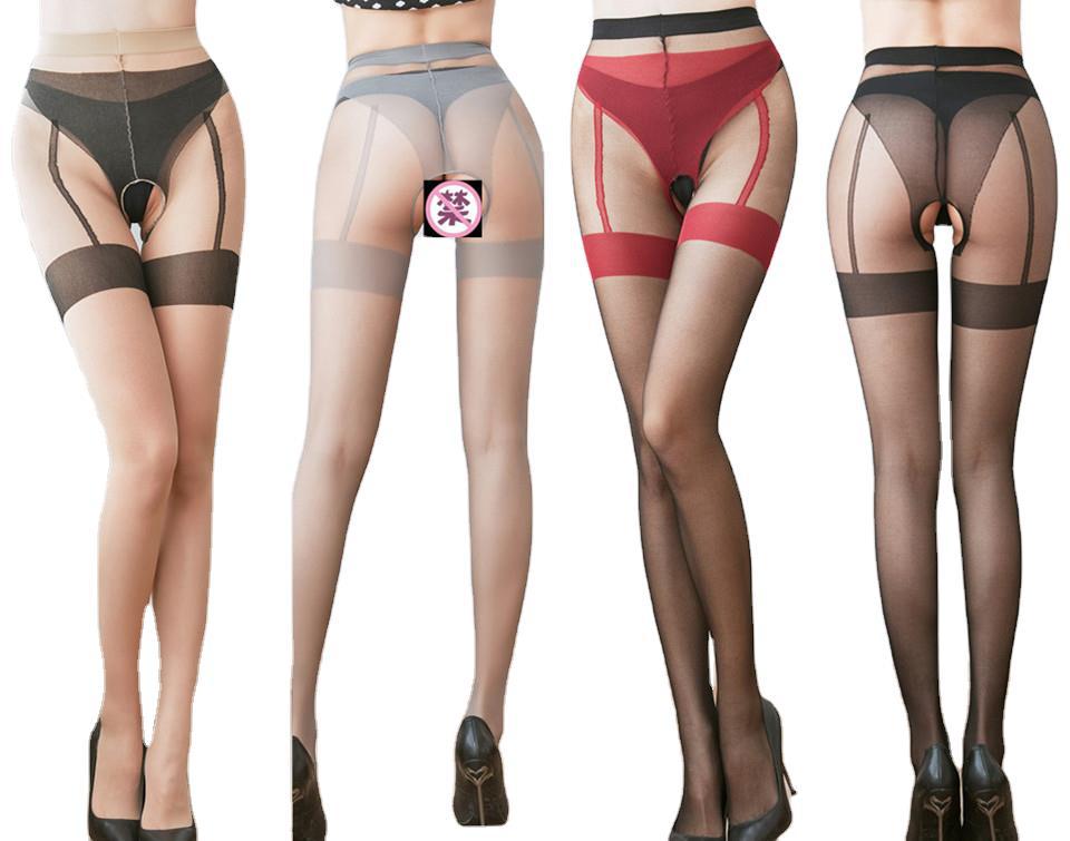 Patchwork Simulation Garter Belt With Thigh High Stockings Retro Back Line Seamed Pantyhose Sexy Open Crotch Tights