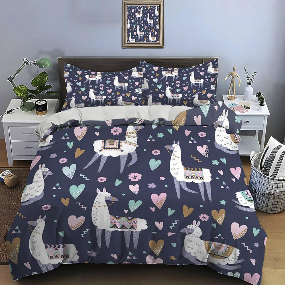 Cute Cartoon Llama Alpaca Print Bedding Set Duvet Cover 1 Duvet Cover 2 Pillowcases Adult And Children Bedding Set Luxury Gifts