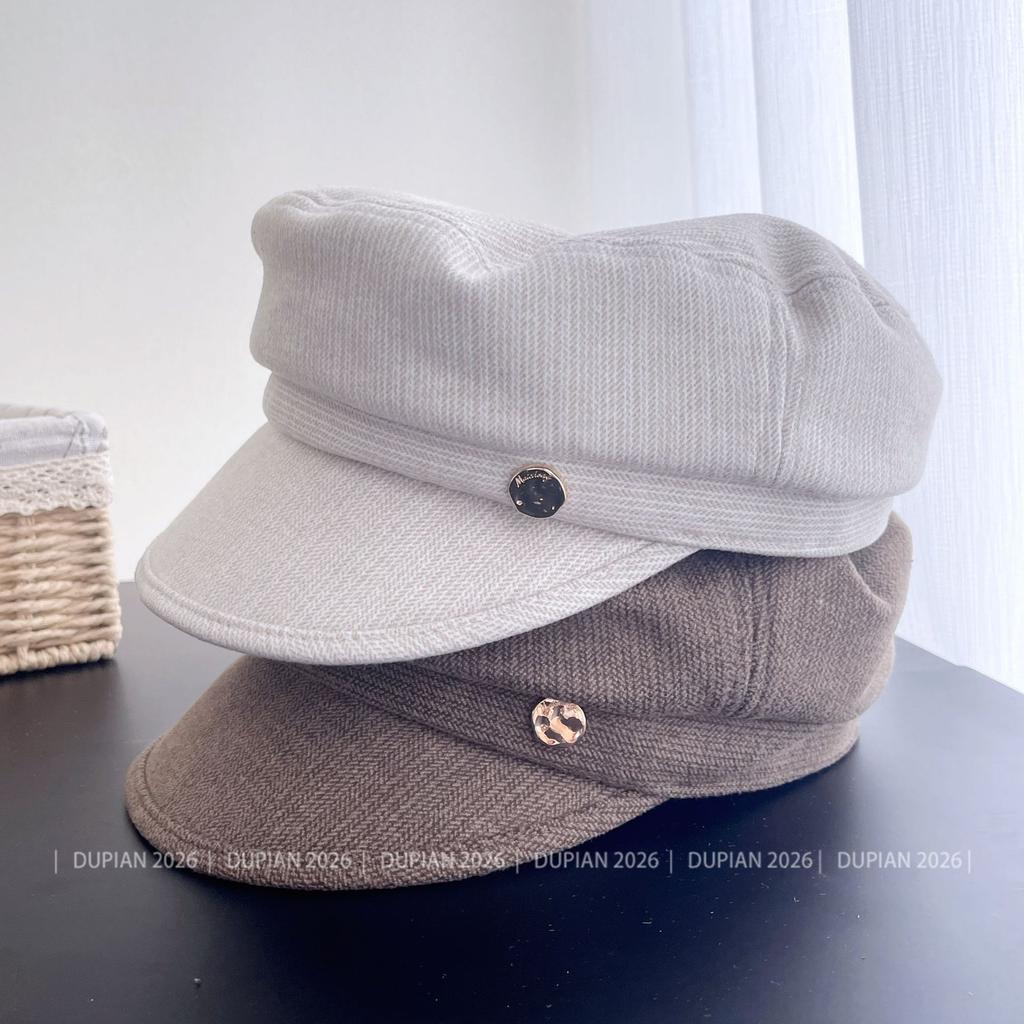 Fashion metal label solid color flat top cap children's autumn elegant versatile navy hat soft brim temperament newsboy hat