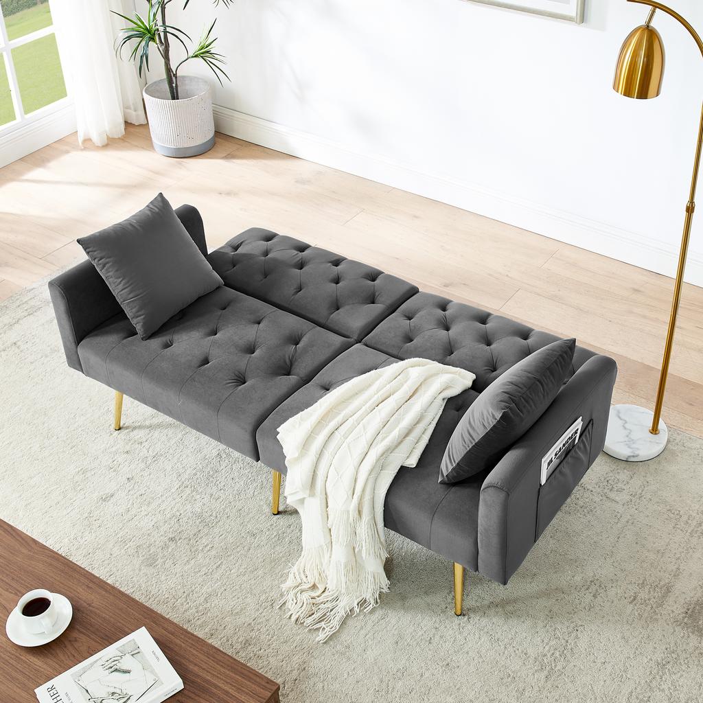 Modern Velvet Two-seater Sofa, 3-level Adjustable Backrest, 2 Included Cushions, Sturdy Metal Legs, Soft & Comfortable for Living Room, Gray
