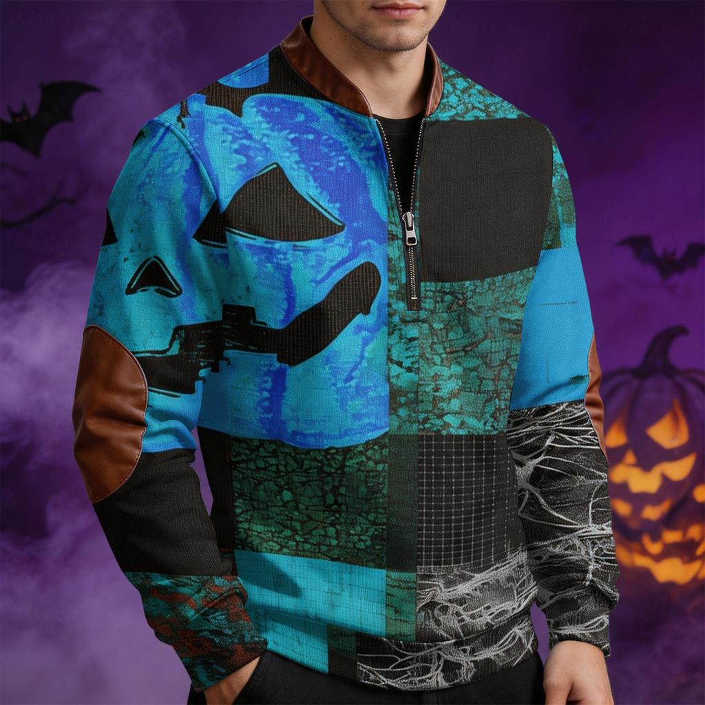 Men's Casual Retro Half Zip Long Sleeve Sweatshirt with Halloween Print