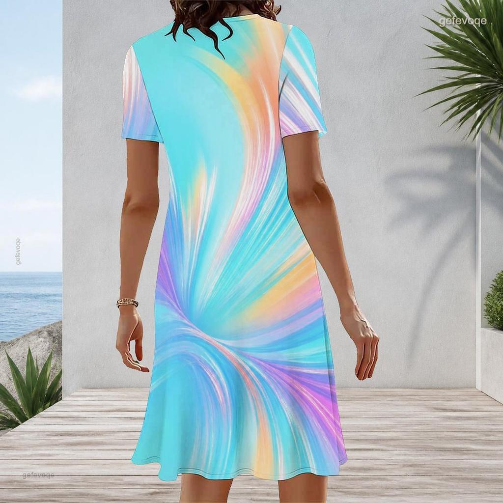 Women Plus Size Round Neck Short Sleeve A Line Bright Blue Swirl Printed Midi Dress