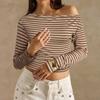 Damen Lässiges Gestreiftes Off-Shoulder Langarm T-Shirt Geripptes Strick Slim Fit Top Leichter Dehnbarer Stoff Bequem zu Tragen