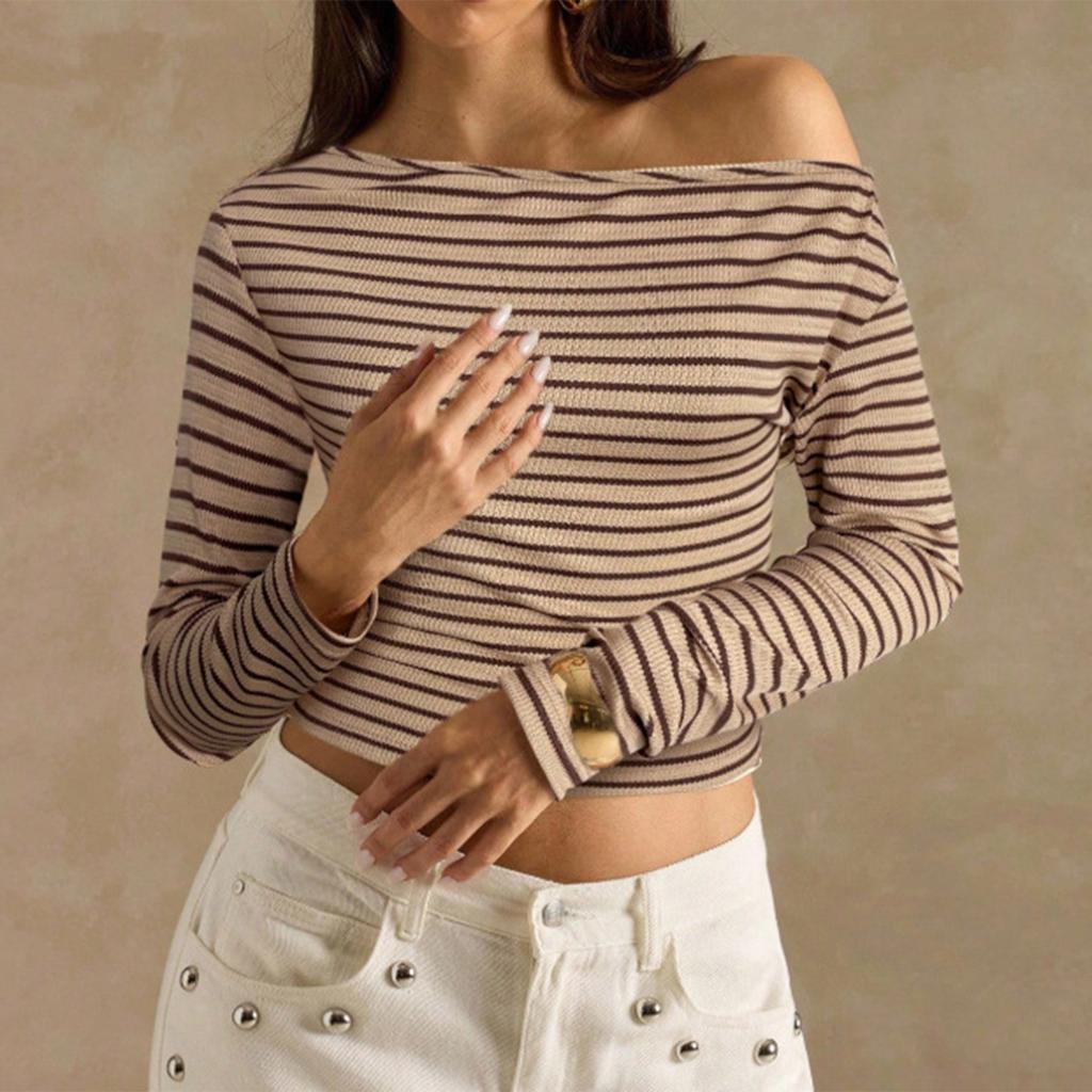 Damen Lässiges Gestreiftes Off-Shoulder Langarm T-Shirt Geripptes Strick Slim Fit Top Leichter Dehnbarer Stoff Bequem zu Tragen
