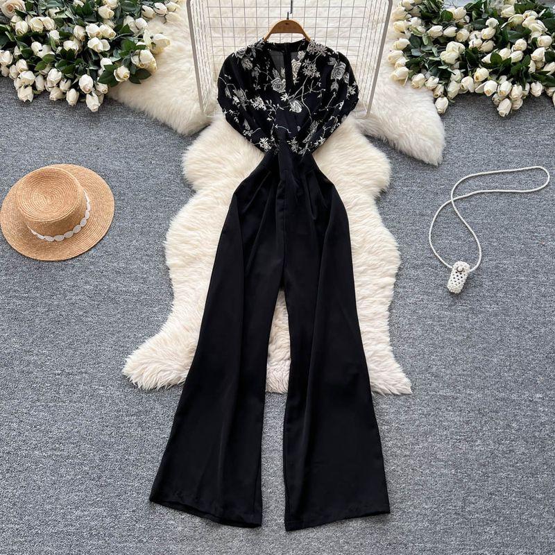

Western Style High-Grade Cross Collar Flying Sleeves Jumpsuit Women Summer Slim fit Slimming Wide-Leg Royal Sister Temperament Trousers Black One size