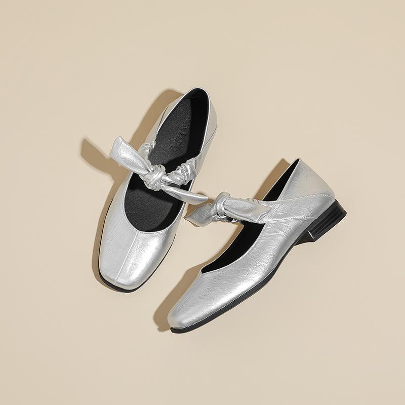 

Retro French single shoes spring new 2CM square root bow light mouth square head low heel shoes women s Mary Jane shoes 40 серебряный