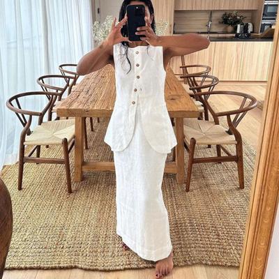 Collar Sleeveless Vest Long Skirt Suit Summer Matching Set for Party Office Daily Wear
