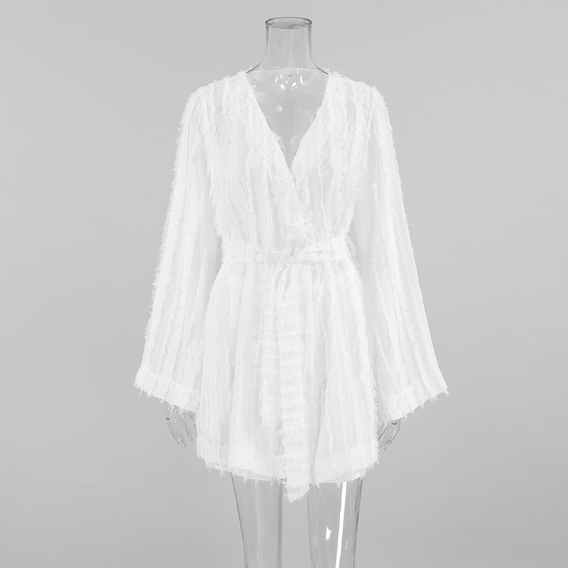 

European and American Summer Feather Thin Long sleeve Shorts Two-piece Set Fashion Feather Two-Piece Set White L