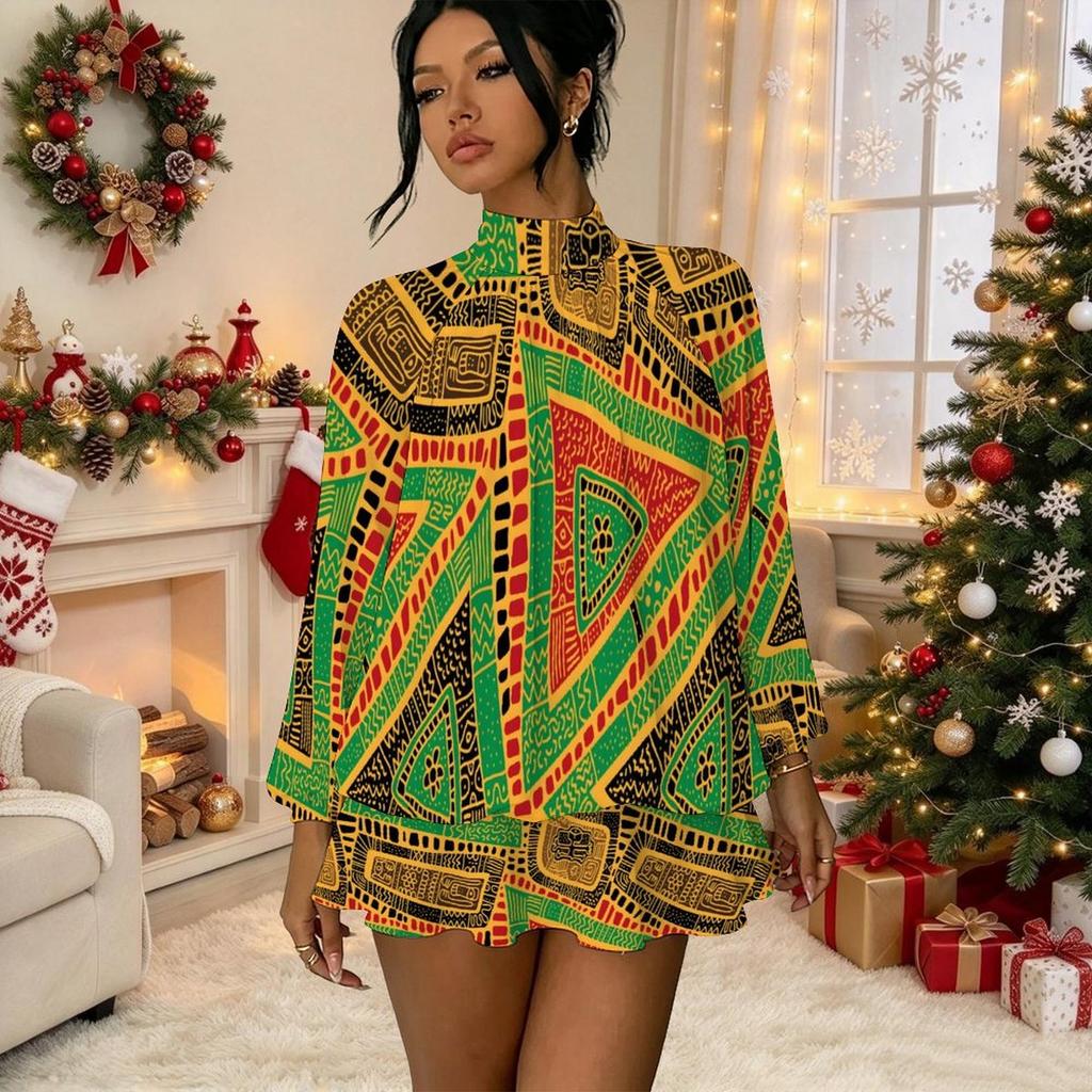 Women's 3D Geometric Tribal Print Mock Neck Long Sleeve Dress, Raglan Sleeve Fake Two Piece Mini Dress