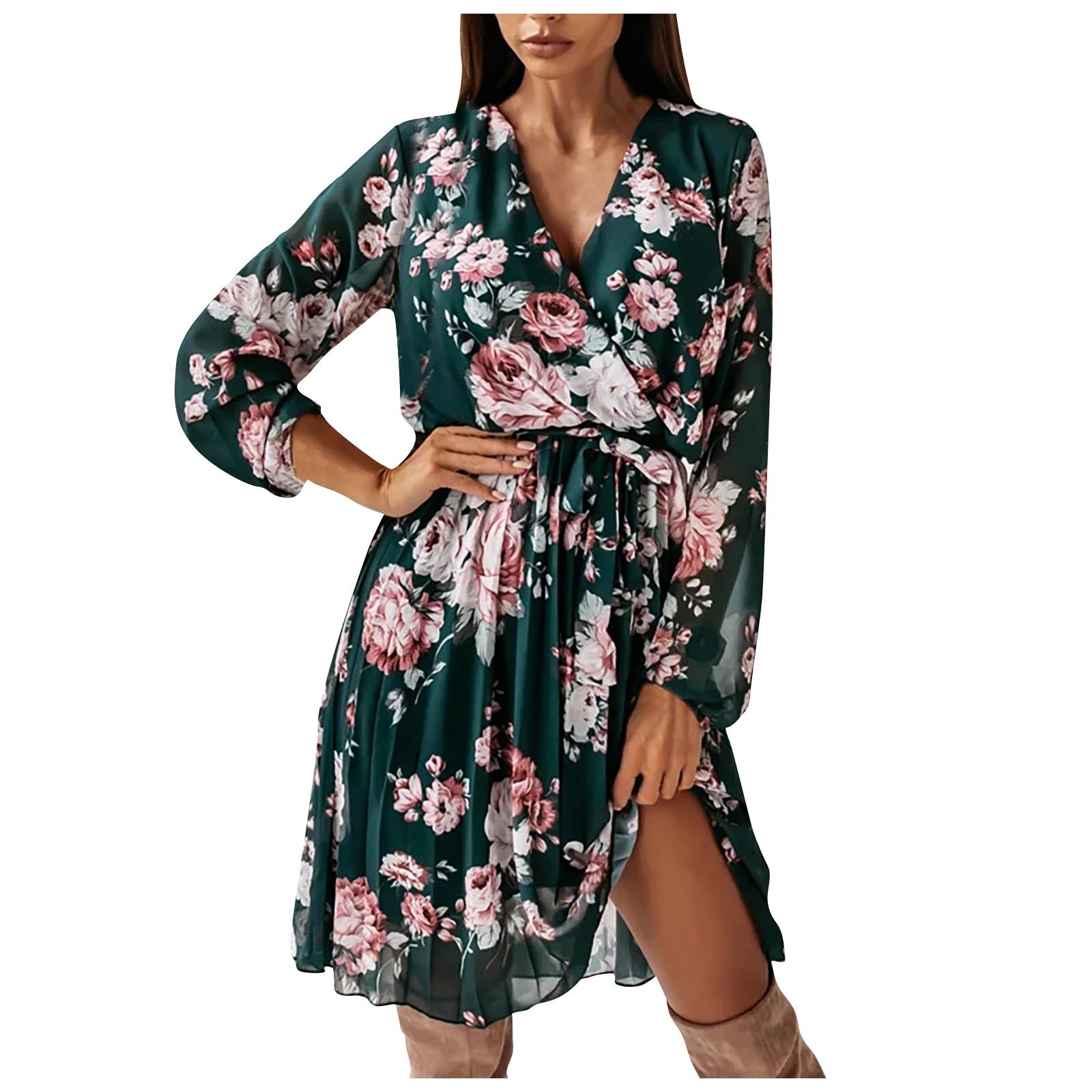 Women s Chiffon Long Sleeve Printed Pleated Dress  Printed Dress With Ruffles L