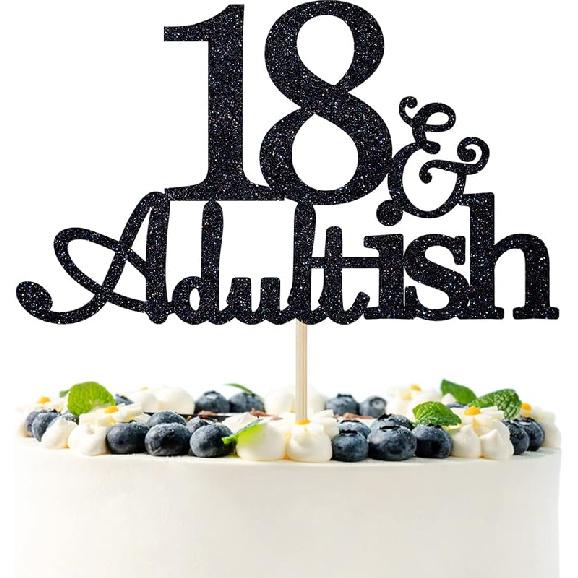 Black Glitter 18 and Adultish Cake Topper for Eighteen Birthday Party, Time To Adult Cake Decorations, 18th Birthday Party Decorations for Girls Boys