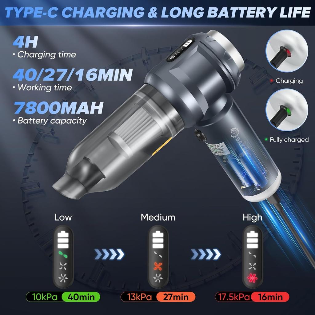 4-in-1 Rechargeable Car Vacuum Cleaner with LED Light & Multi Nozzles – High Power, Portable, for Car, Home, Office
