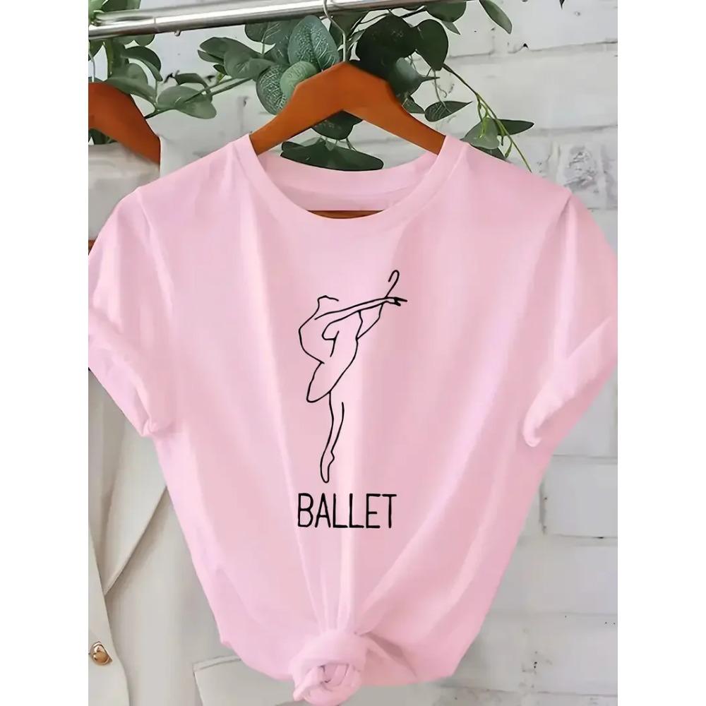 Women's Elegant Ballet Themed Graphic Tee Short Sleeve Crew Neck T-Shirt with Dancing Figure Design Ballet Dancer