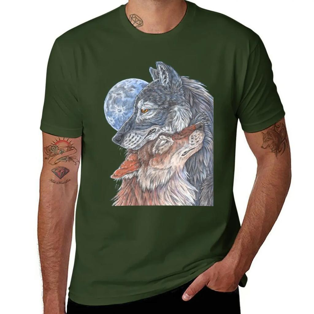 Two Wolves Under Full Moon, No Background T-Shirt Summer Top Heavyweights Mens Graphic T-shirts Hip Hop