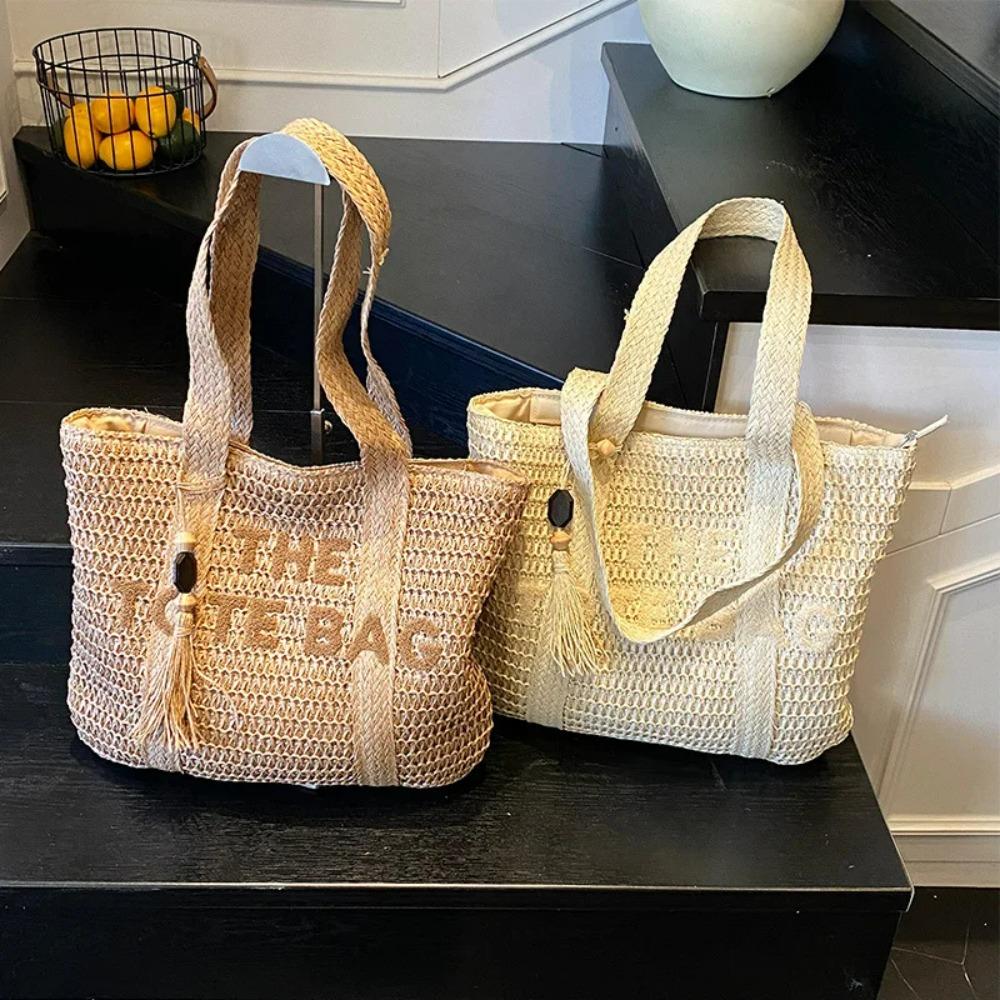 Große strohgewebte Tragetasche im französischen Stil für Damen, lässige Strandtasche, Umhängetasche