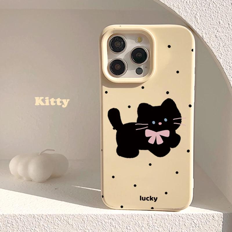 Polka dot bow black cat for Apple 17/16 Pro mobile phone case iPhone15 liquid 13 cute 12 soft 14