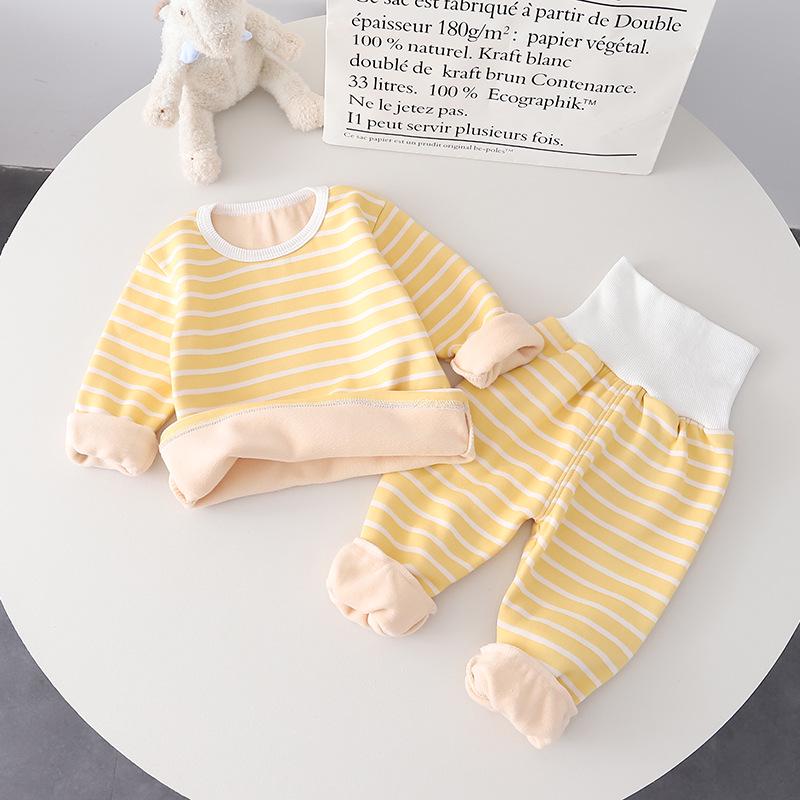 Children's Warm Striped High-Waist Underwear Set for Spring and Autumn - Plus Velvet for Babies, Toddlers, and Kids