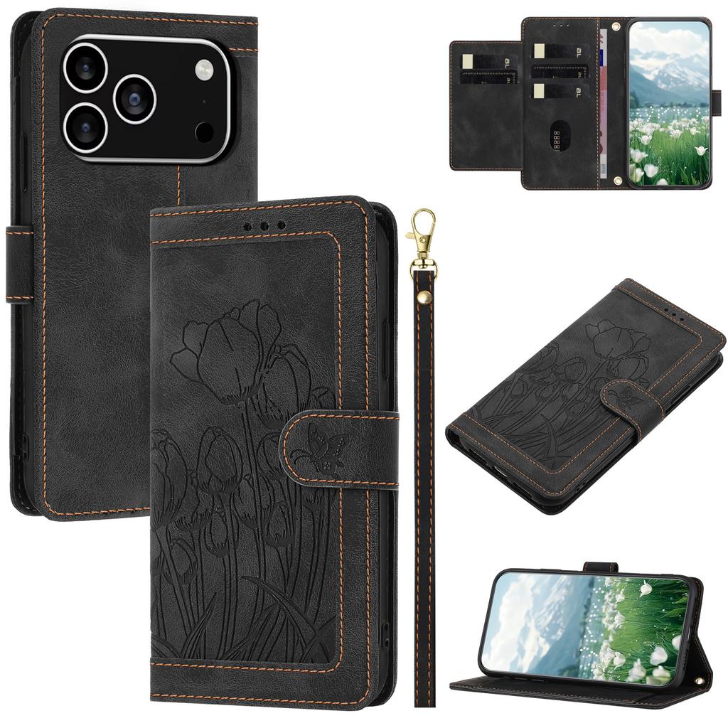 For iPhone 17 Pro Case Tulip Leather Phone Cover with 5 Card Slots Wallet