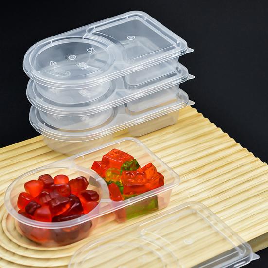 Double Compartment Condiment Container with Lids And Spoon Leakproof Sauce Box Reusable Transparent Seasoning Containers for Kitchen Cafe Restaurant