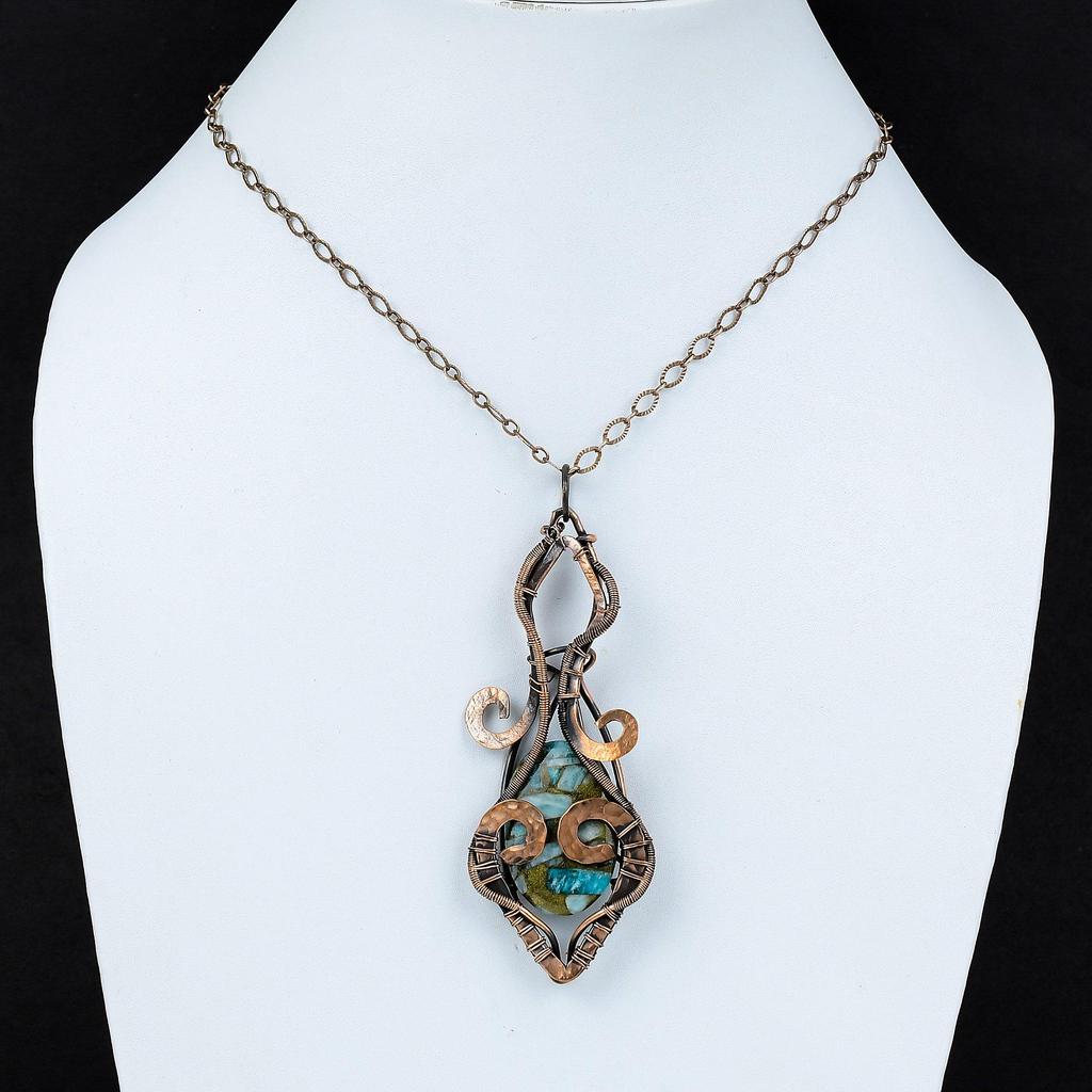 Copper Amazonite Pendant Copper Wire Wrapped Jewelry Gemstone Pendant Handmade Copper Pendant Antique Jewelry Wire Wrapped Pendant For Gift