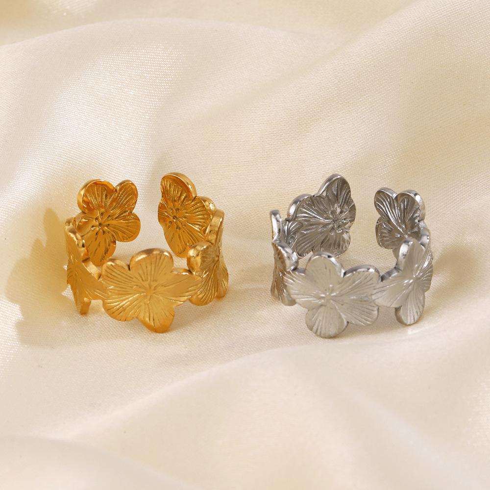 Stainless Steel Flower Adjustable Opening Rings 18k Gold PVD Plated Waterproof Finger Jewelry For Women Wedding Exquisite Gifts