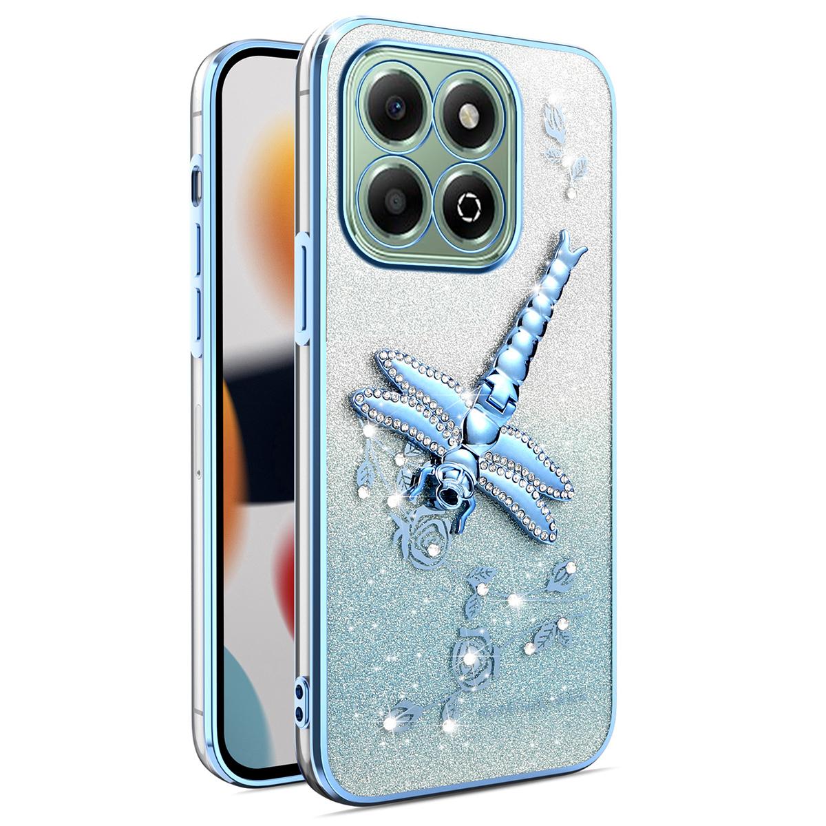 

KADEM For Honor X6b 4G Case Dragonfly Kickstand TPU Flowers Glitter Phone Cover Blue