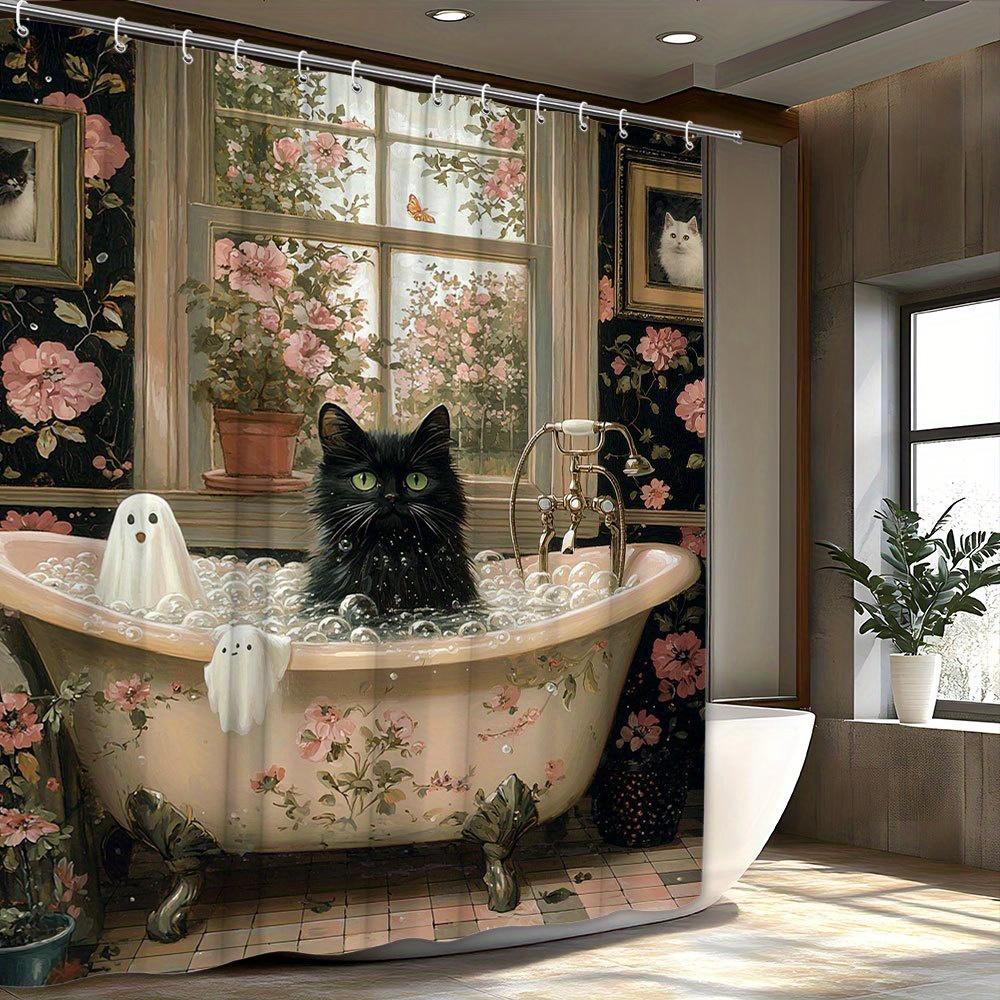 1Pc Black Cat In Bathtub Shower Curtain - Ghost Decor, Pink Floral Design, Polyester, 70X70", 12 Hooks, Whimsical Scene
