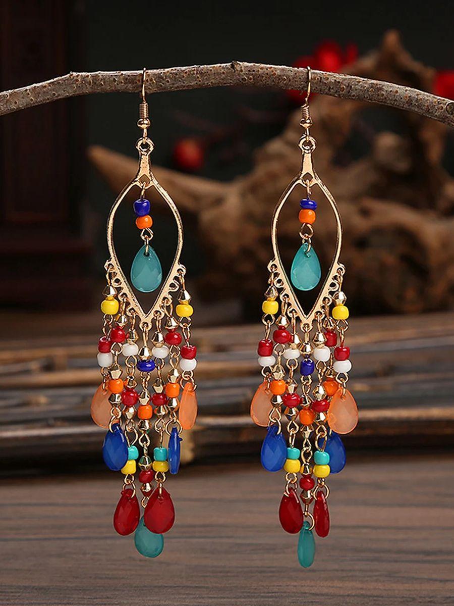 

2 pcs Bohemian long tassel rice bead earrings for women s vacation personality accessories