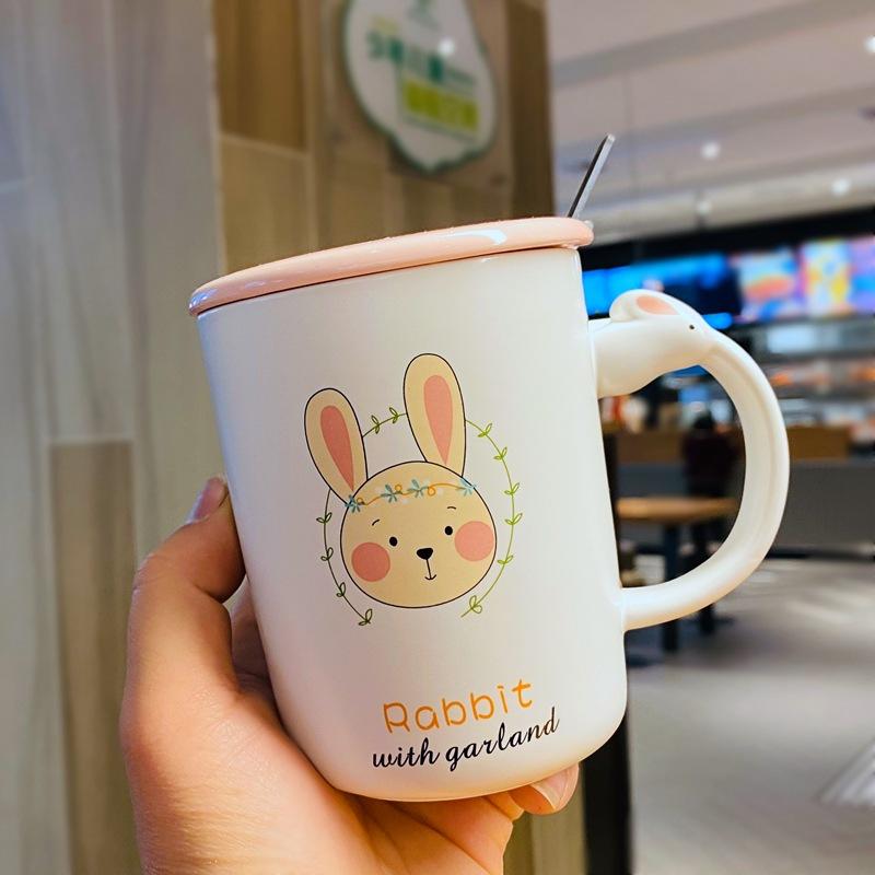 Rabbit Mug with Lid Spoon Cup for Men and Women Ceramic Drinking Water Cup Couple Cartoon High Value Large Capacity Coffee Cup