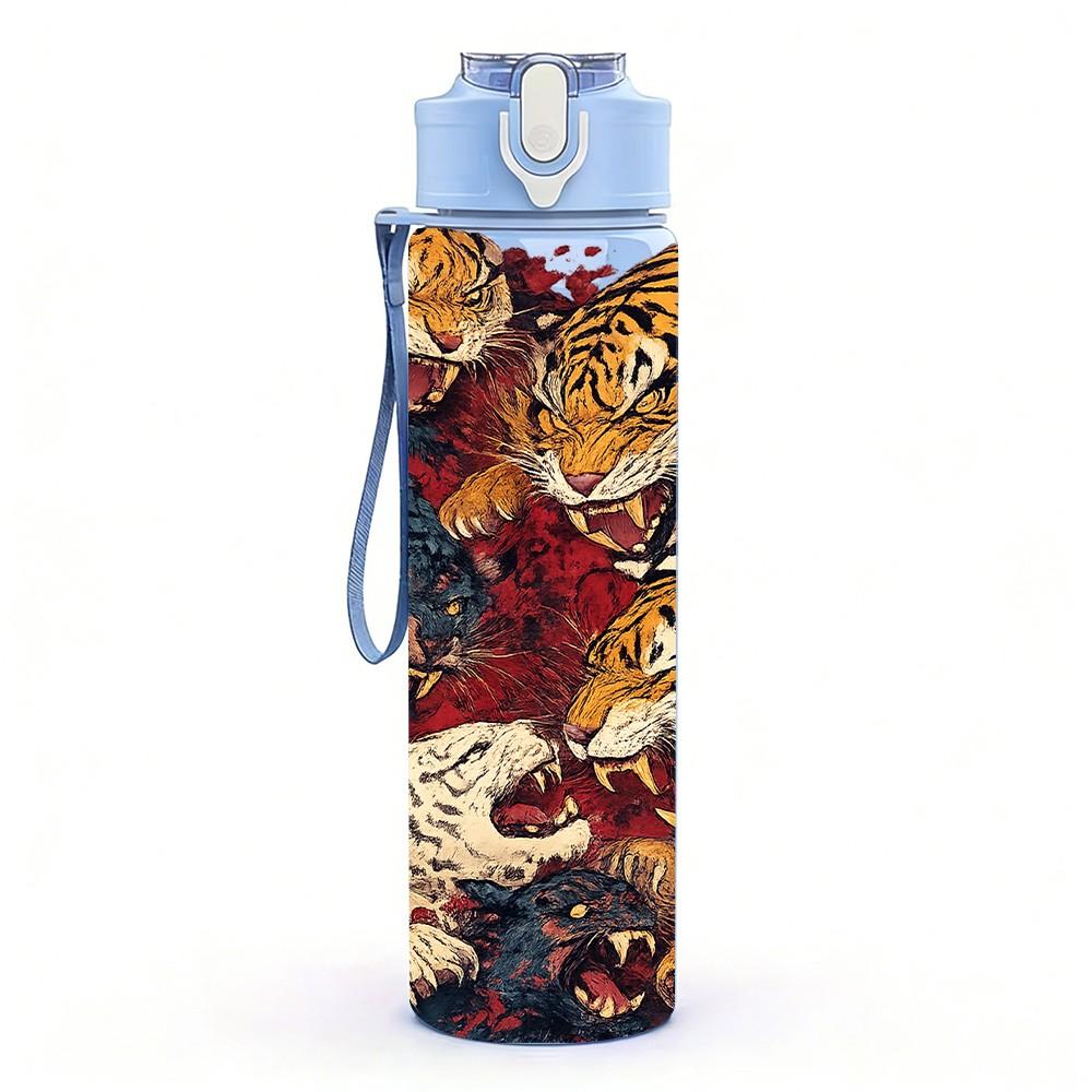 1PC Dual Tiger Head Wild Animal Art Print 750ml Color Plastic Sports Water Bottle Leakproof Flip Straw Lid Suitable for Sports Office Home Use