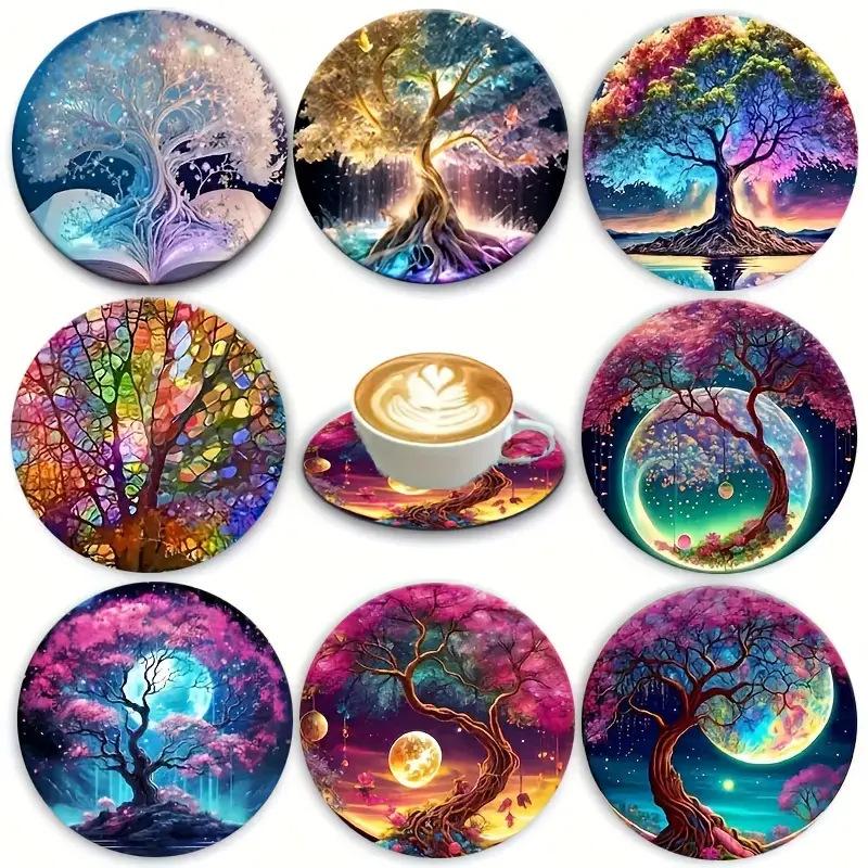 8PCS 10cm Wooden Coaster Tea Coffee Cup Pad Heat Resistant Round Bowl Teapot Mat Wood Placemats Coasters for Home Kitchen Decor