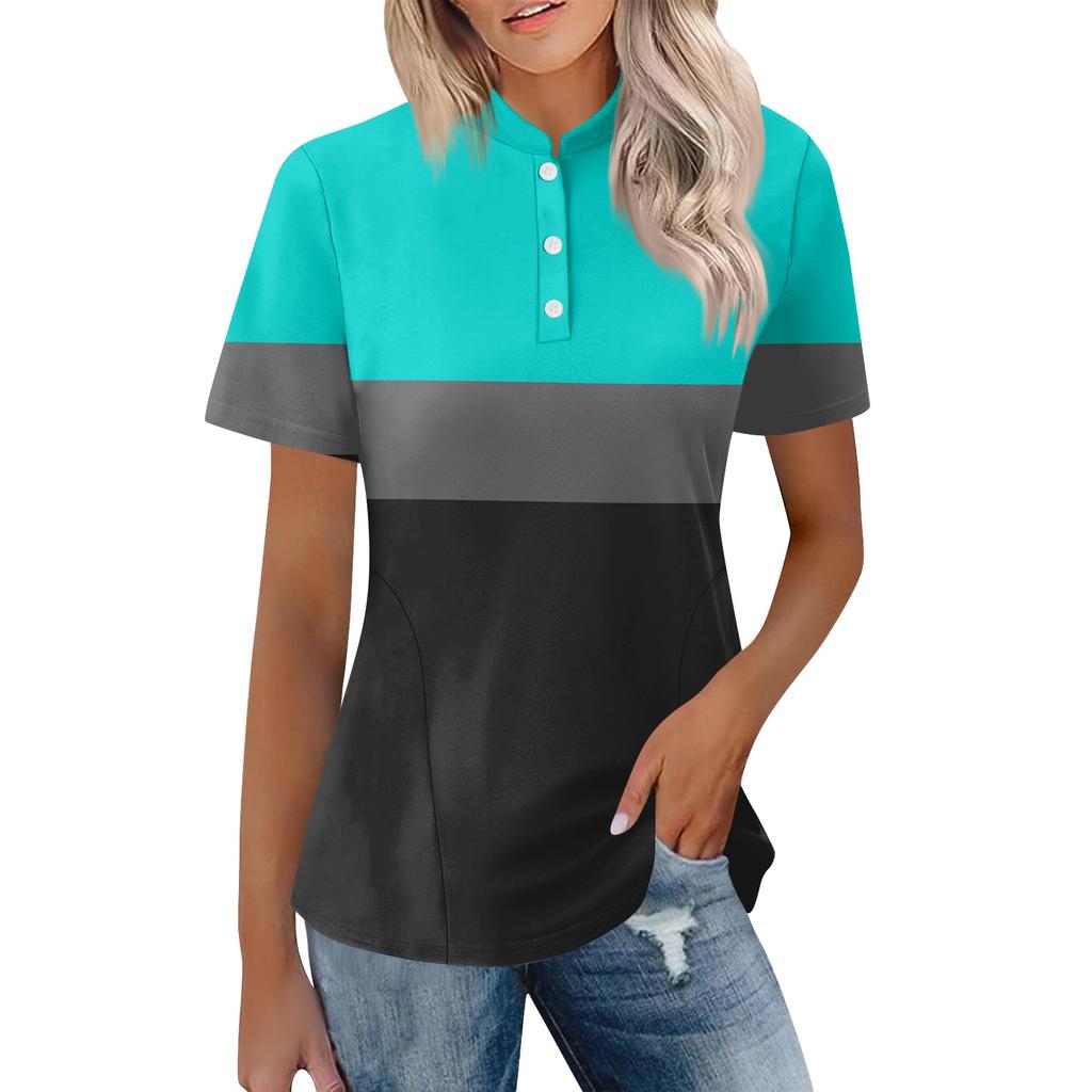Women Casual Polo Neck Short Sleeve Loose Fit Top Fashionable Pullover Blouse with Button Up Design for Daily Wear