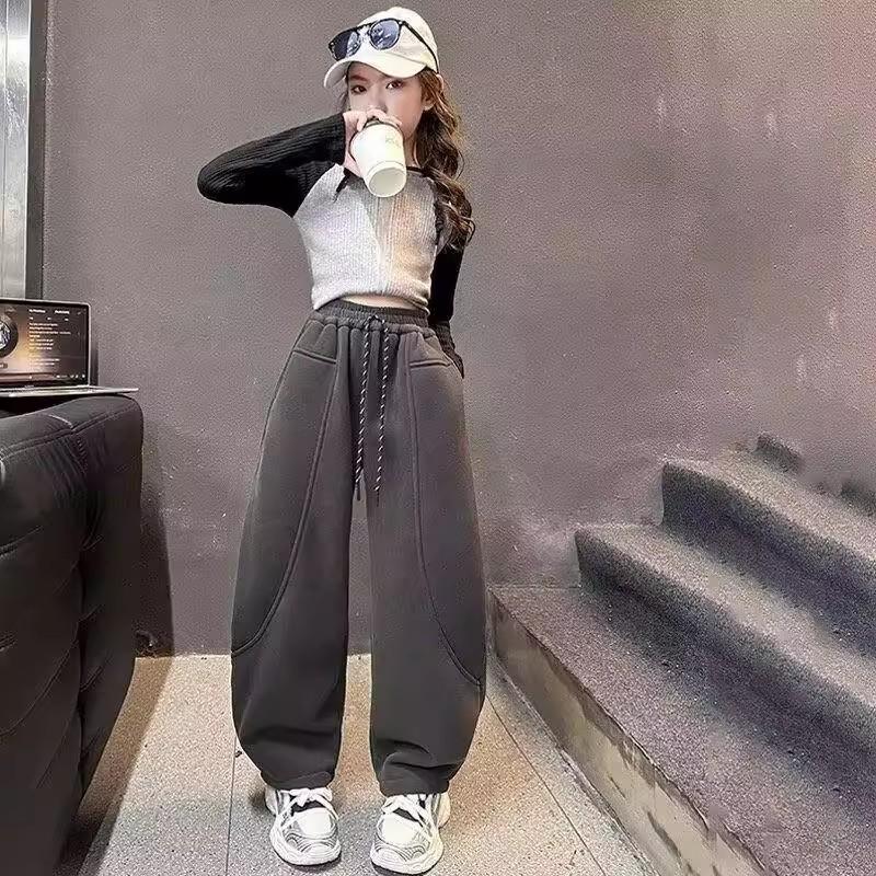 Dívčí kalhoty s širokými nohavicemi pro jaro a podzim 2025 - Ležérní módní pracovní a sportovní kalhoty pro velké děti