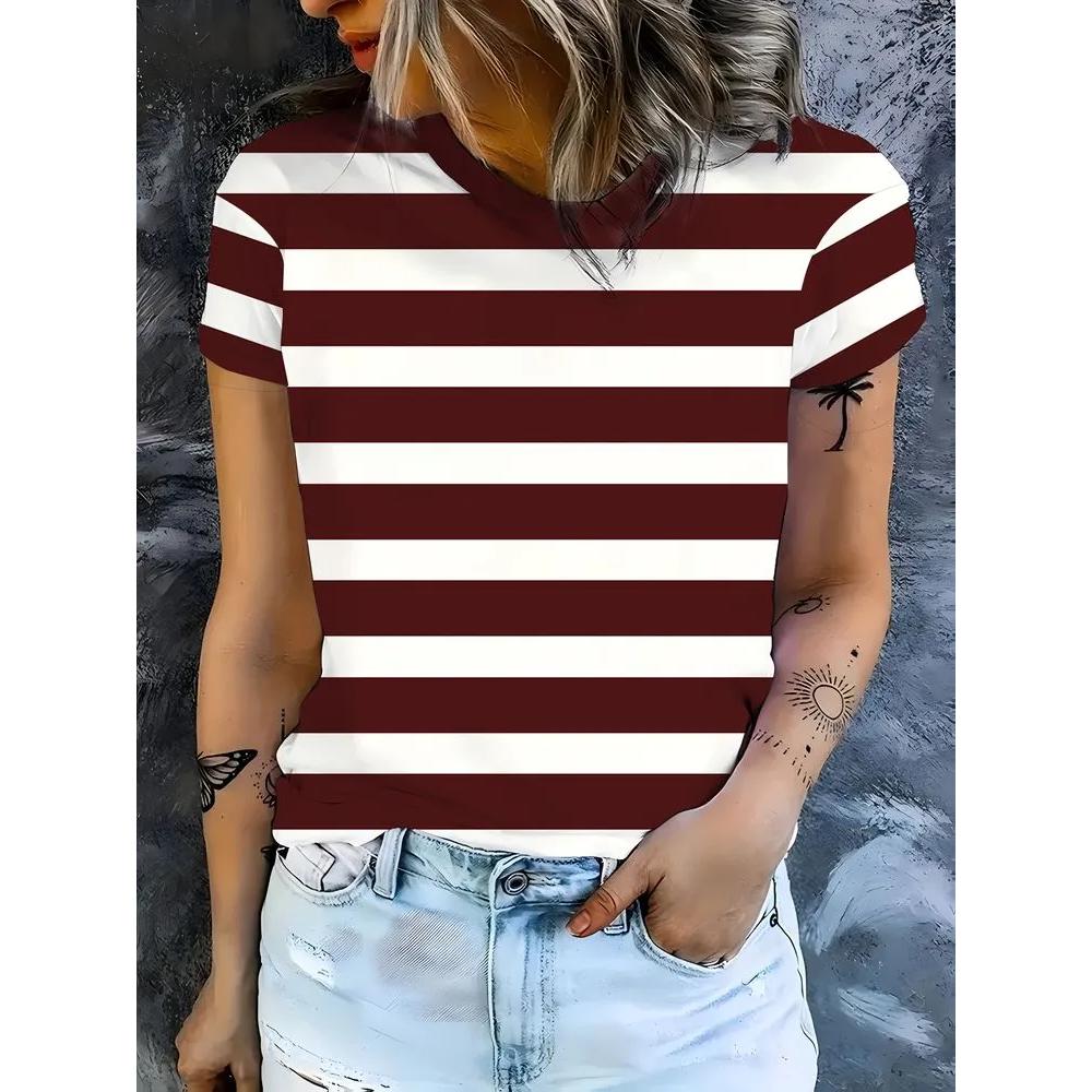 Fashion Versatile Women's Striped Printed Top Casual Loose Short Sleeve Daily Comfort T-Shirts Women’s